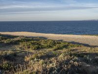 the ocean is empty of people on the beach by the sand path near the shore