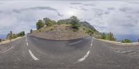 a panoramic view of the road on a cloudy day in europe, with pine trees