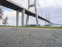 the bridge has a stone walkway and a paved area next to it is a brick road in front of the walkway with many columns and the building on one end