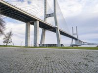 the bridge has a stone walkway and a paved area next to it is a brick road in front of the walkway with many columns and the building on one end