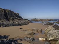 a sandy beach with boulders on a clear day in the sun with blue sky in back