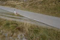 an image of a hill with a road passing by it and a dog standing by the side of a road