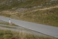 an image of a hill with a road passing by it and a dog standing by the side of a road