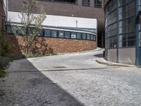 the street is paved with rocks and grass in front of a building and a walkway near the building