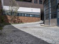 the street is paved with rocks and grass in front of a building and a walkway near the building