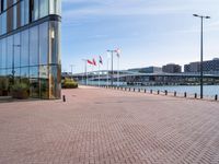 a red brick sidewalk next to water and a walkway leading up to a glass building