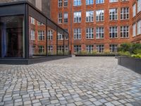 an empty parking lot with plants in the ground and on the side of the building, there is an enclosed area and windows