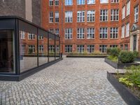 an empty parking lot with plants in the ground and on the side of the building, there is an enclosed area and windows