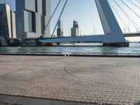 the cyclist is sitting by the side of the river under the bridge, with buildings in the background