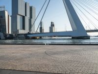 the cyclist is sitting by the side of the river under the bridge, with buildings in the background