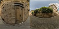 a street with buildings, a door and a path in the center of a two dimensional image