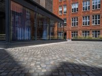 several plants sit in decorative concrete planters along the sidewalk of a building that is very modern