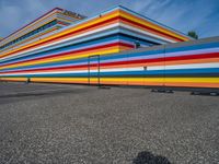 an empty parking lot painted brightly stripes on the wall of the building and sky as well as stones