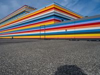 an empty parking lot painted brightly stripes on the wall of the building and sky as well as stones