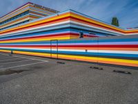 an empty parking lot painted brightly stripes on the wall of the building and sky as well as stones