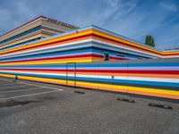 an empty parking lot painted brightly stripes on the wall of the building and sky as well as stones