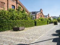 a brick street lined with brick benches next to tall buildings and greenery that line the sides