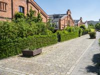 a brick street lined with brick benches next to tall buildings and greenery that line the sides