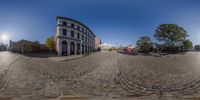 this is the fisheye panoramic shot of an empty road in europe as seen from below