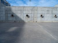 the empty parking lot in front of a wall with apartment buildings on it and a skateboarder on a ramp