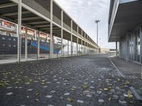 a long, empty walkway is leading to a building with parking lots on either side