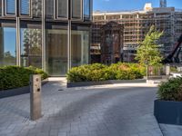 the side walk of a glass office building with concrete bricks and landscaping on each floor