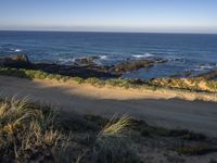 a beach on an island with some vegetation and sand near the ocean and a road with rocks