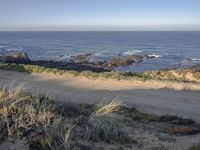 a beach on an island with some vegetation and sand near the ocean and a road with rocks