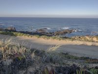 a beach on an island with some vegetation and sand near the ocean and a road with rocks