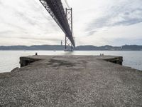 a view of the bay under a bridge from a pier in front of the ocean