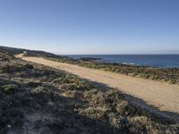 an empty sandy path with ocean in the background, next to grassy area near hill