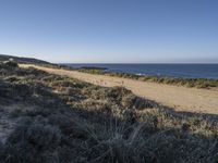 an empty sandy path with ocean in the background, next to grassy area near hill