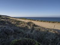 an empty sandy path with ocean in the background, next to grassy area near hill