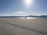 a lone dog is sitting in the sand near water with mountain range in the background