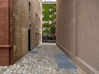 a view looking down a narrow cobblestone street in a city area with tall buildings