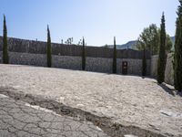 a tree - lined courtyard outside a stone building in an old european city center with many tall trees and a small entrance