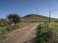 a dirt road near a mountain with wind turbines in the background and grassy area and plants