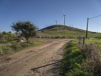 a dirt road near a mountain with wind turbines in the background and grassy area and plants