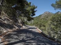 a road on the side of a mountain near trees and rocks in the shade of a tree