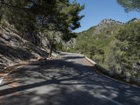 a road on the side of a mountain near trees and rocks in the shade of a tree