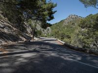 a road on the side of a mountain near trees and rocks in the shade of a tree