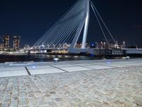 a white bridge with some lights and a city in the background with the lights on