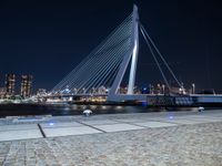 a white bridge with some lights and a city in the background with the lights on