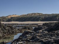 the view looking up at a beach and hill from a rocky shore line with the water on it