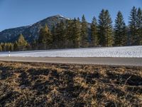 a single long motorcycle parked on the side of a road next to trees and snow