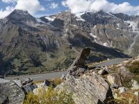 a large rock by the road with snow capped mountains in the background at the bottom of the picture