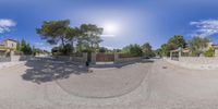 a 360 - lens view of the street, with trees in the background and a stone fence