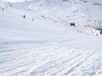 people skiing down a hill on skis and poles in the snow and mountains in the background