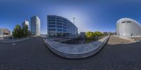 the fish eye view shows many buildings in the city seen from a nearby point of view