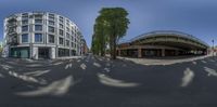 the view looking out the street of a building from inside a sphere 360 vr view